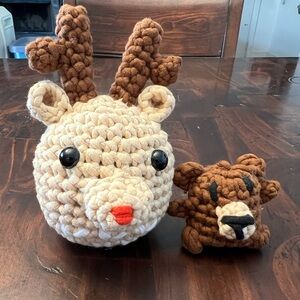 Crocheted Reindeer and Bear Plush Set